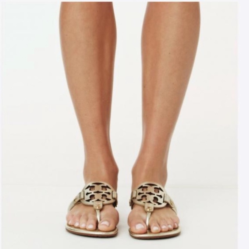 New Tory Burch Gold Miller Sandals - Picture 2 of 8